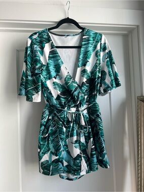 Tropical Leaf Women’s Romper in Teal & White